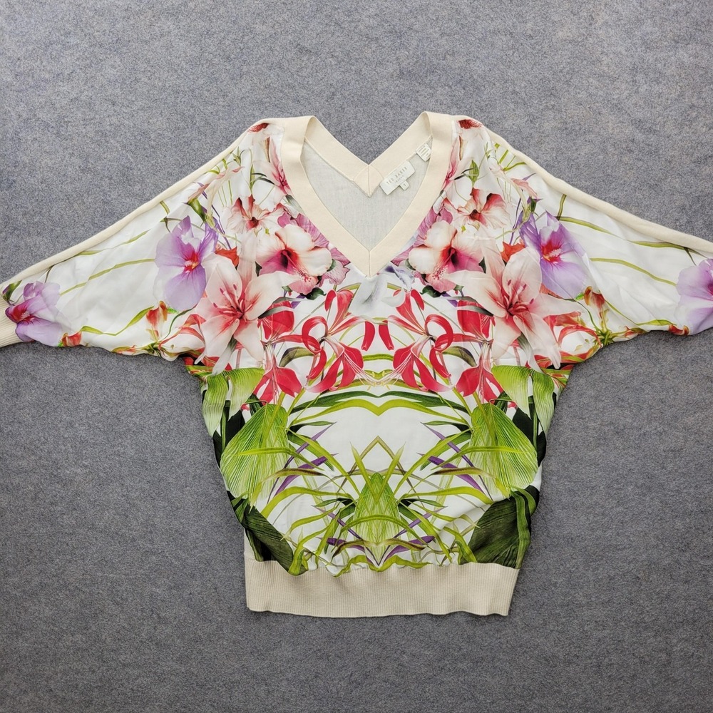 Ted Baker Sweater Womens Size 1 Multicolor Floral Dolman V Neck Pullover Top